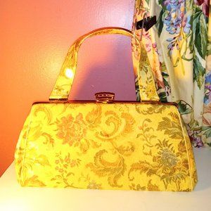 VINTAGE FLORAL GOLD AND OLIVE GREEN AND PINK TAPESTRY SATCHEL PURSE